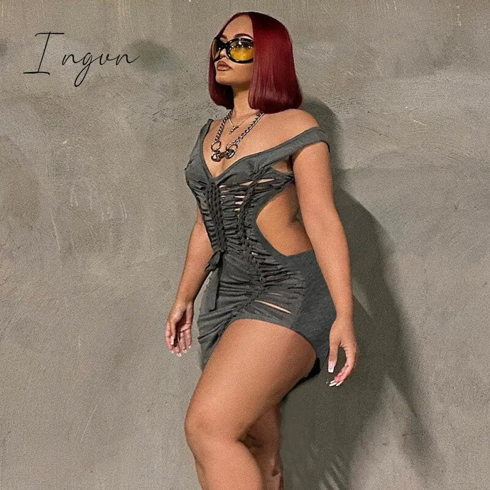 Ingvn - Dark Gray Hollow Out Mini Dress Sexy Drawstring Bandage Backless Summer Dresses for Women 2023 Birthday Party Clubwear