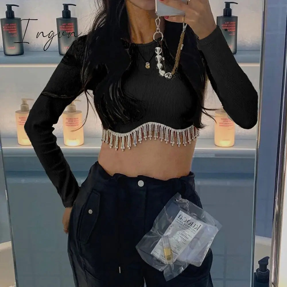 Ingvn - Loose Rhinestone Women Crop Top 2023 Spring Long Sleeve O-neck Tassel Hem Female T-shirt Casual Chic Streetwear Lady Tshirt