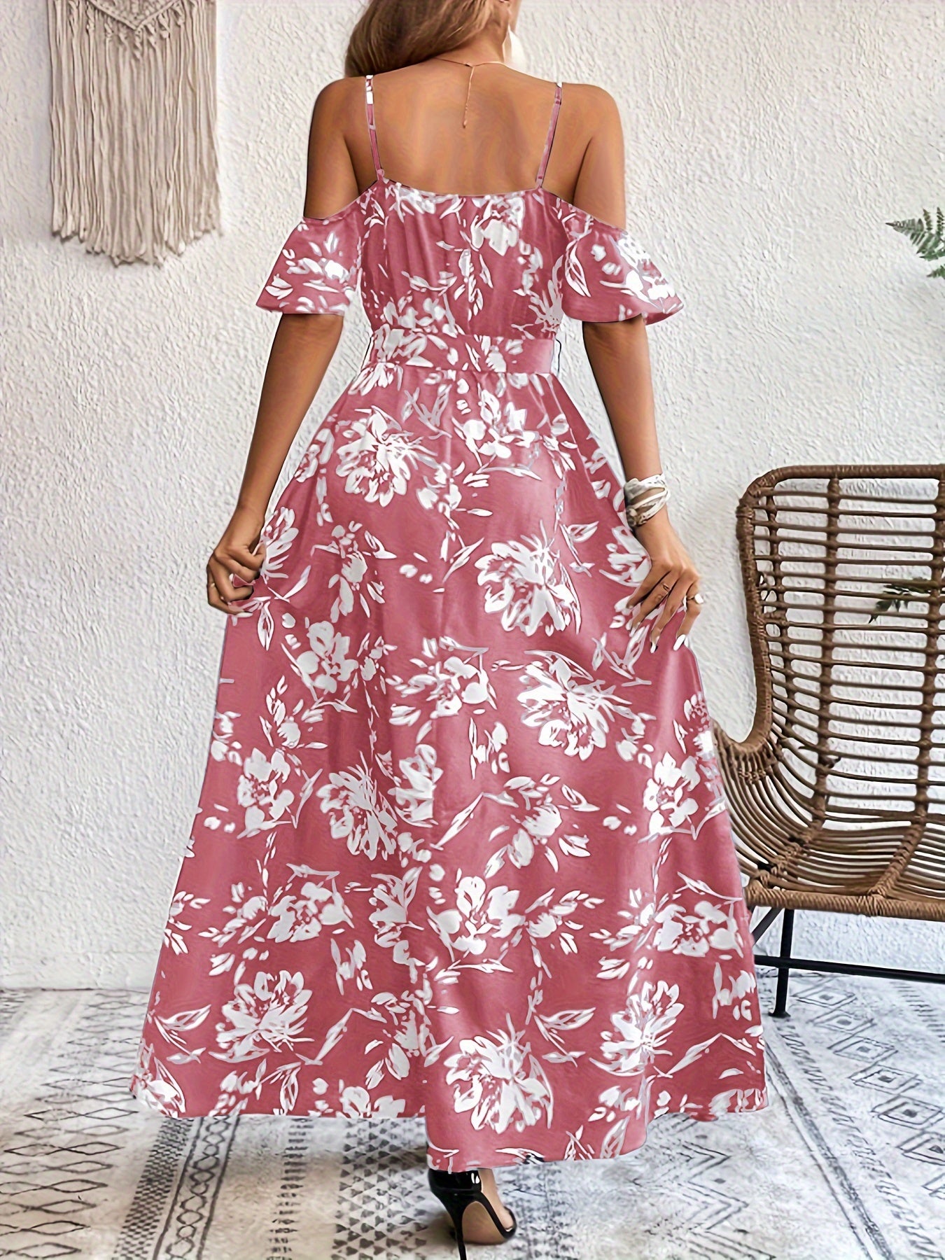 Vibrant Floral Print A-Line Dress - Cold Shoulder, Belted, Split Sleeveless, Elegant, Comfortable, Spring & Summer Essential - Women's Clothing, Perfect for Outdoor Activities