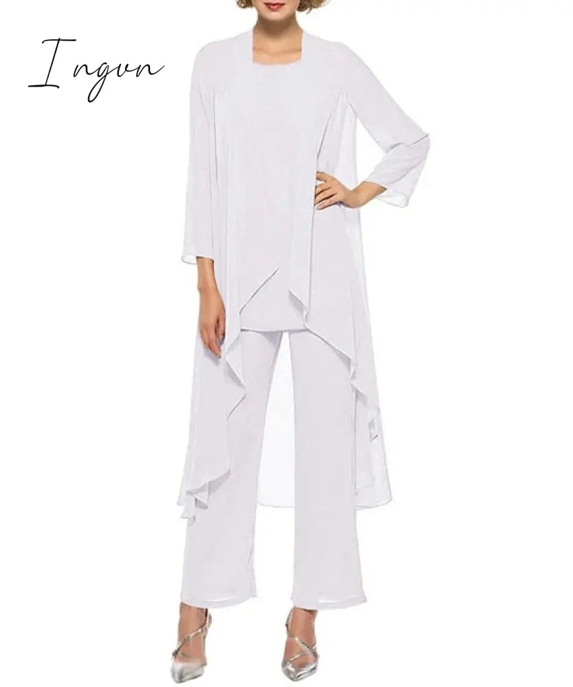 Ingvn - Mother of the Bride Dresses Plus Size Dress Blazer Champagne Chiffon Pantsuit 3 Pieces Wedding Party Guest Gown Dress