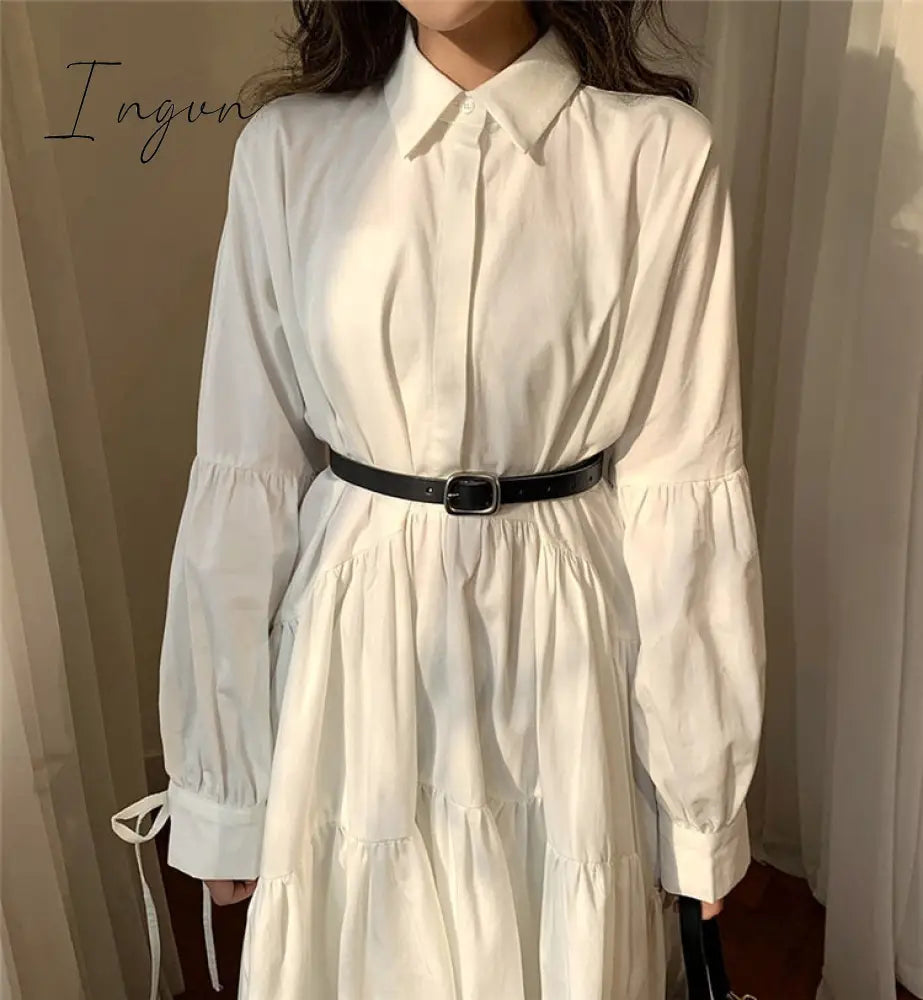 Ingvn - Women Dress Long Sleeve Spring Autumn Vintage Designer Collar Lapel Button Up Ruched Ruffles Cotton White Dresses Female Clothes