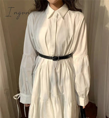 Ingvn - Women Dress Long Sleeve Spring Autumn Vintage Designer Collar Lapel Button Up Ruched Ruffles Cotton White Dresses Female Clothes