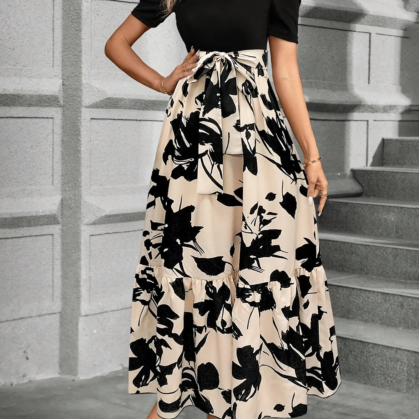 Lace Up Floral Print Splicing Dress, Elegant Crew Neck Short Sleeve Dress For Spring & Summer, Women's Clothing