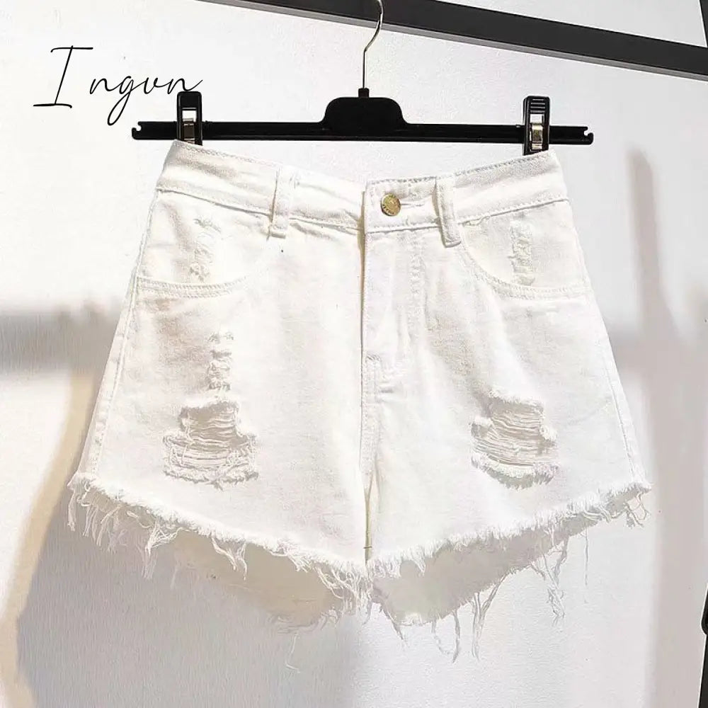 Ingvn - Casual High Waist Denim Shorts Women Summer  Pocket Tassel Hole Ripped jeans Short Female Femme Short Pants Women