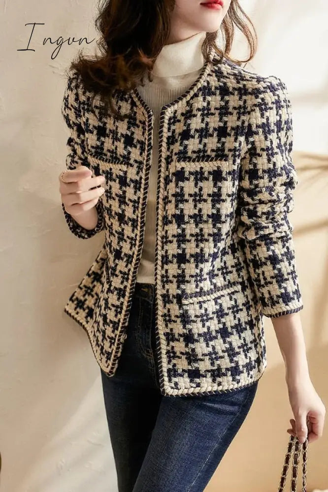 Ingvn - Spring Korean small fragrance jacket women's short winter and autumn French ladies all-match houndstooth woven tweed coat jackets