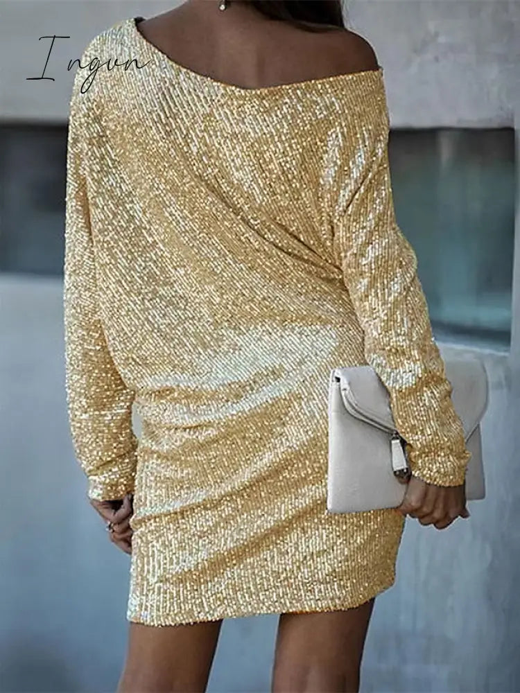 Ingvn - Women‘s Party Dress Sequin Dress Holiday Dress Shift Dress Short Mini Dress White Black Gold Long Sleeve Pure Color Sequins Fall Spring One Shoulder Stylish Hot Party Loose 2023 S M L XL