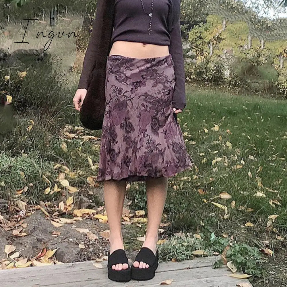 Ingvn - Autumn Fairy Grunge Long Tulle Skirts Women Kawaii Plaid Black Skirt Harajuku Low waisted Skirt Korean Fashion
