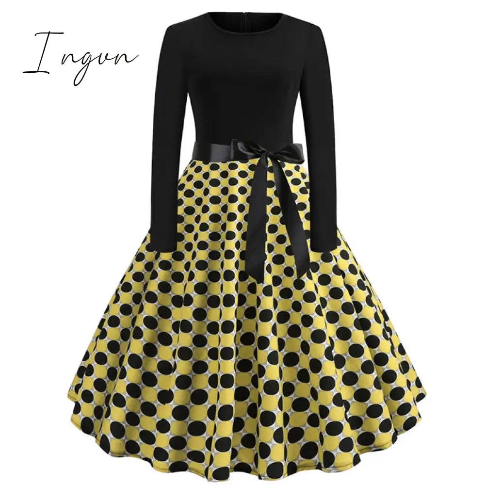 Ingvn - Winter Christmas Dresses Women 50S 60S Vintage Robe Swing Pinup Elegant Party Dress Long Sleeve Casual Plus Size Print Black