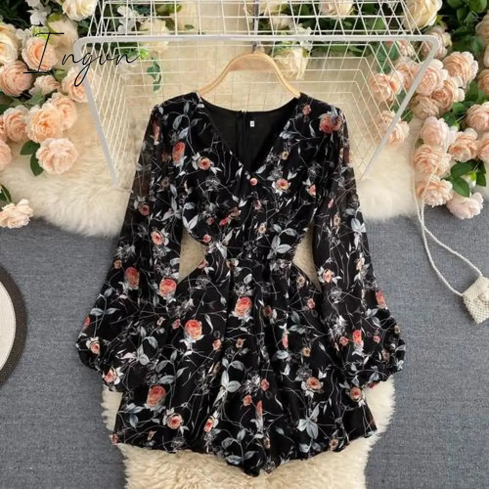 Ingvn - Women's French-Style Vintage Floral Print Jumpsuit V-neck Puff Sleeve Waist Hugging Slimming All-match Casual Playsuits