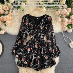 Ingvn - Women's French-Style Vintage Floral Print Jumpsuit V-neck Puff Sleeve Waist Hugging Slimming All-match Casual Playsuits