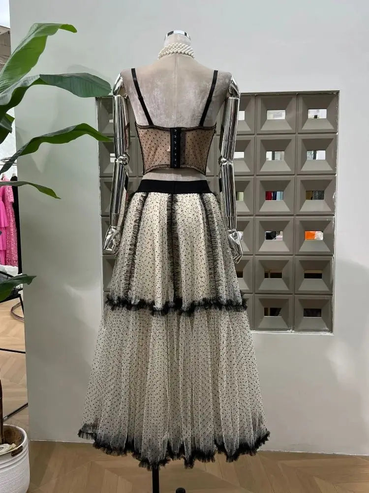 Summer Polka Dot Tight Top Mesh Women's Elegant Underwear Y2K Fashion Sexy Set Party Evening Dresses Two Piece Set Long Skirt