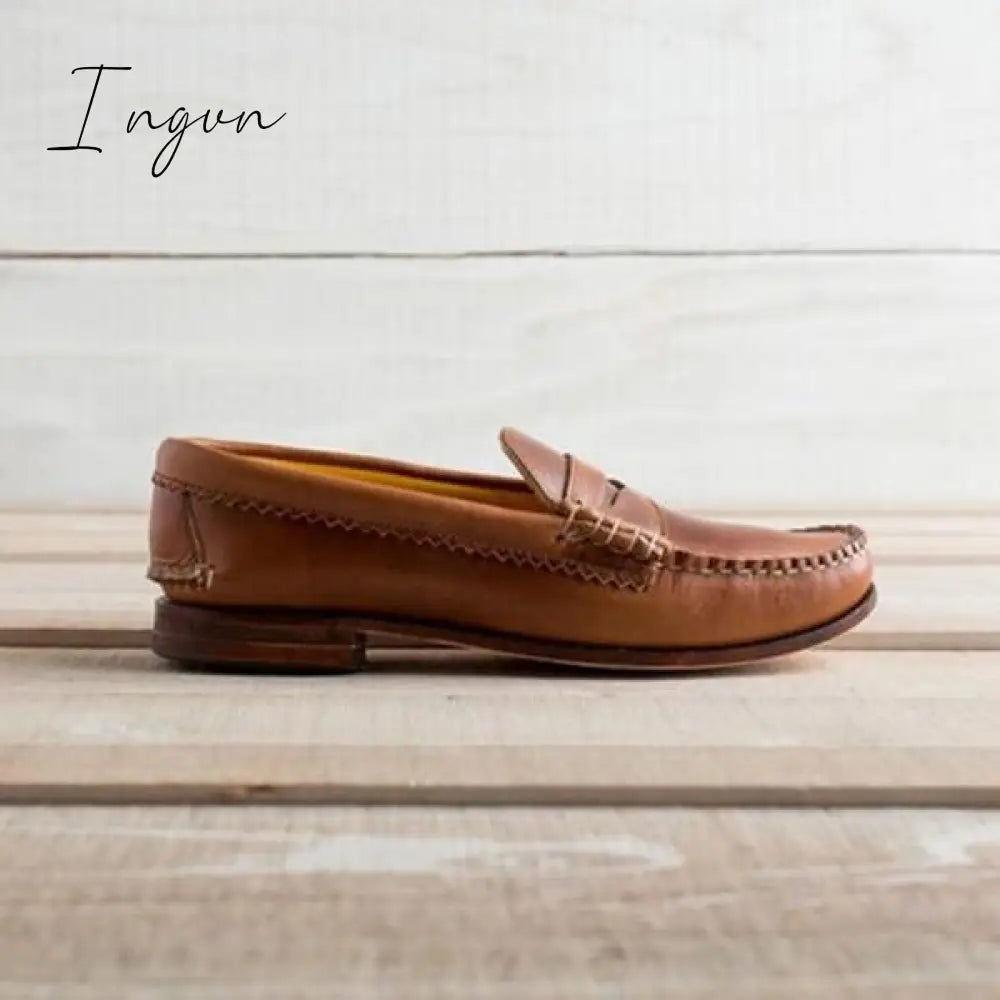 Ingvn - Women Vintage Slip On Loafers Low Heel Pu Leather Loafers