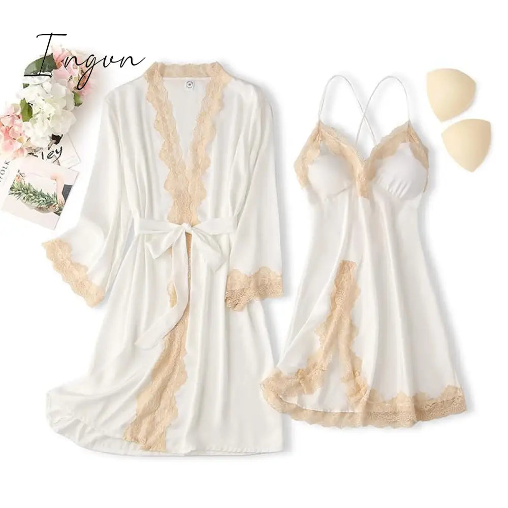 Ingvn - Lace Trim Sexy Wedding Lady Robe Suit Loose Satin Bride Bridesmaid Kimono Bathrobe Gown Mini Sleepwear Rayon Intimate Lingerie