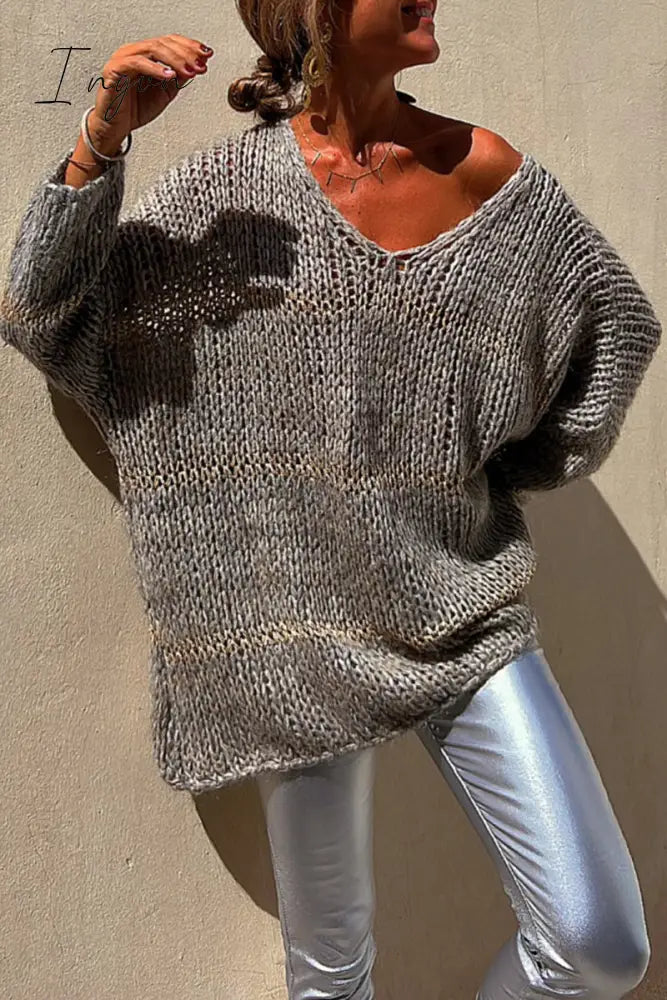 Ingvn - Casual Solid Weave V Neck Tops