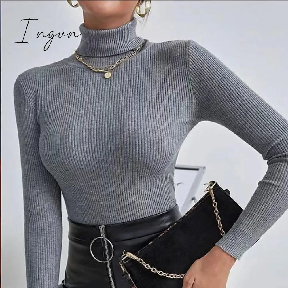 Ingvn - Women's Pullover Sweater Jumper Jumper Ribbed Knit Knitted Thin Solid Color Turtleneck Basic Casual Daily Winter Fall caramel Black One-Size
