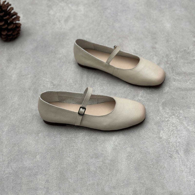 Mary Jane Genuine Leather Single-layer Shoes Spring and Summer Artistic Casual Buckle Flat Soft Cowhide Simple Women's Shoes