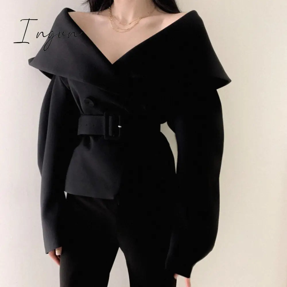 Ingvn - Women Spring Autumn Short Blazer Coat with Belt Big Lapel Collar Female Full Sleeve Cardigan Outerwear