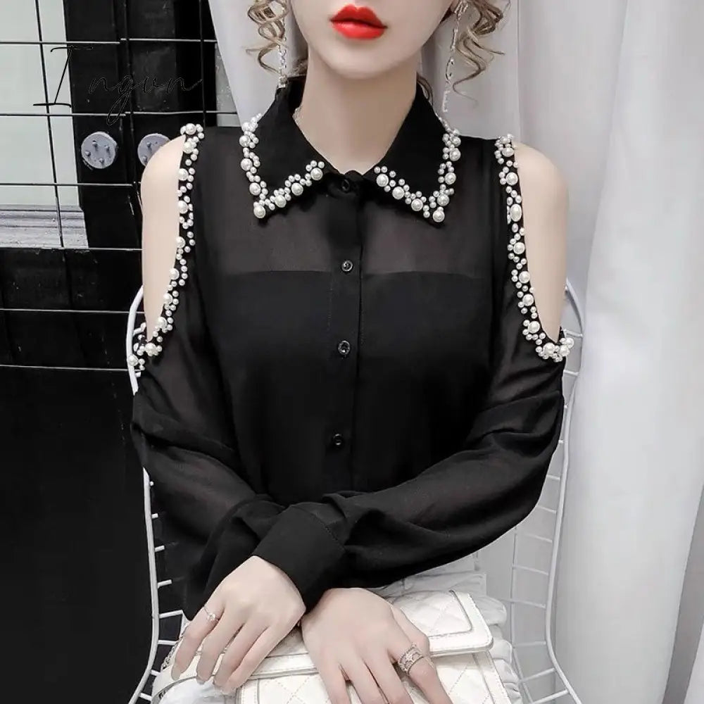 Ingvn - Beading Women's Elegant Blouse Office Outfits Feminine Shirts Off The Shoulder Long Sleeve Top Korean Fashion Designer New
