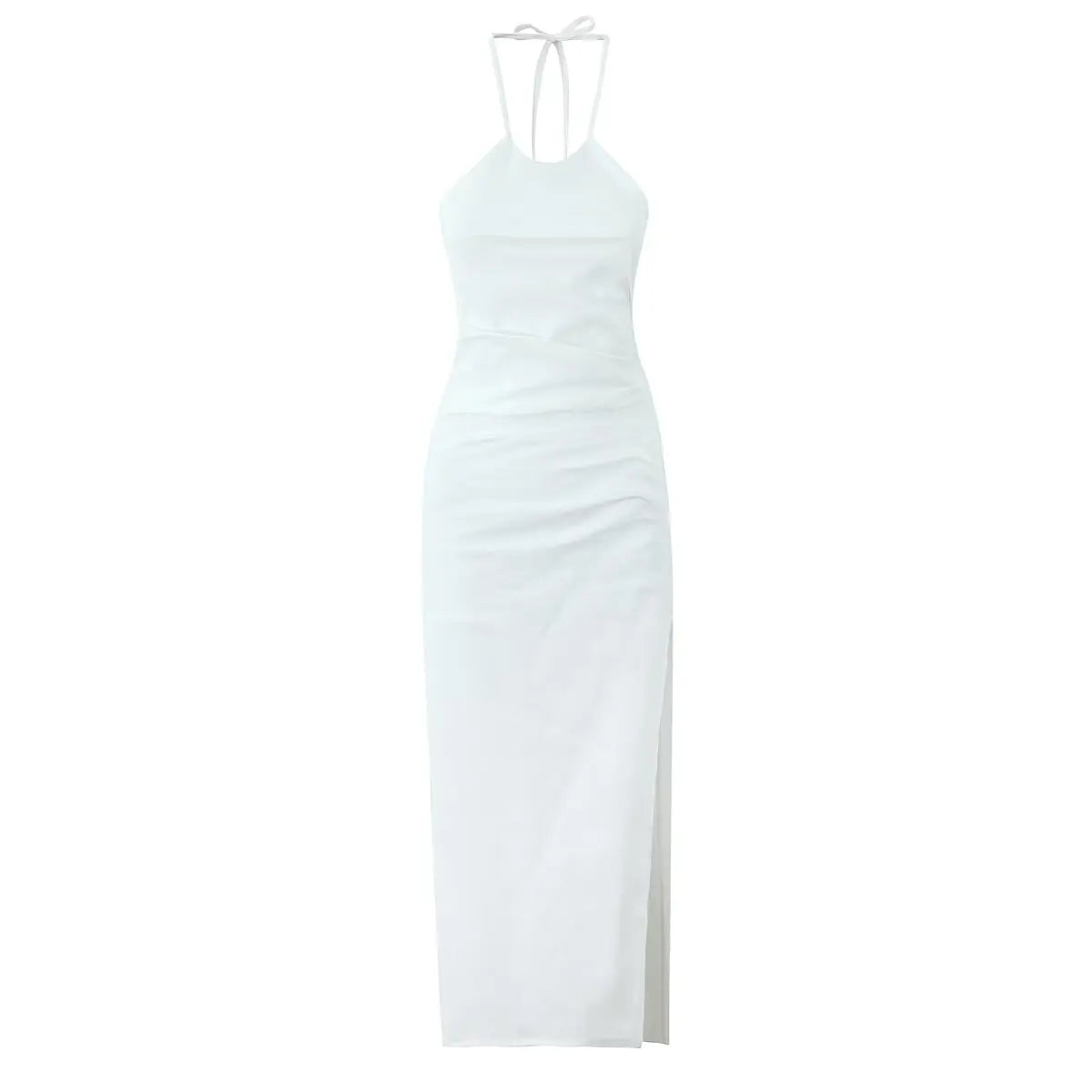 Sexy Backless Side Slits Halter Dress For Women Vintage Ruched Red Evening Party Dresses Cotton Linen Midi Robe White