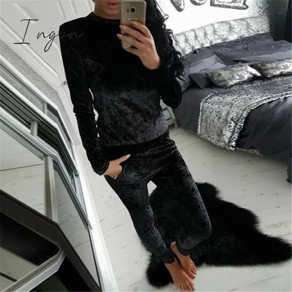 Ingvn - Autumn Velvet Tracksuit Women Sets Two Piece Winter Velour Tracksuit Ladies Sweat Suit 2 Piece Outfits For Women Sweatshirt