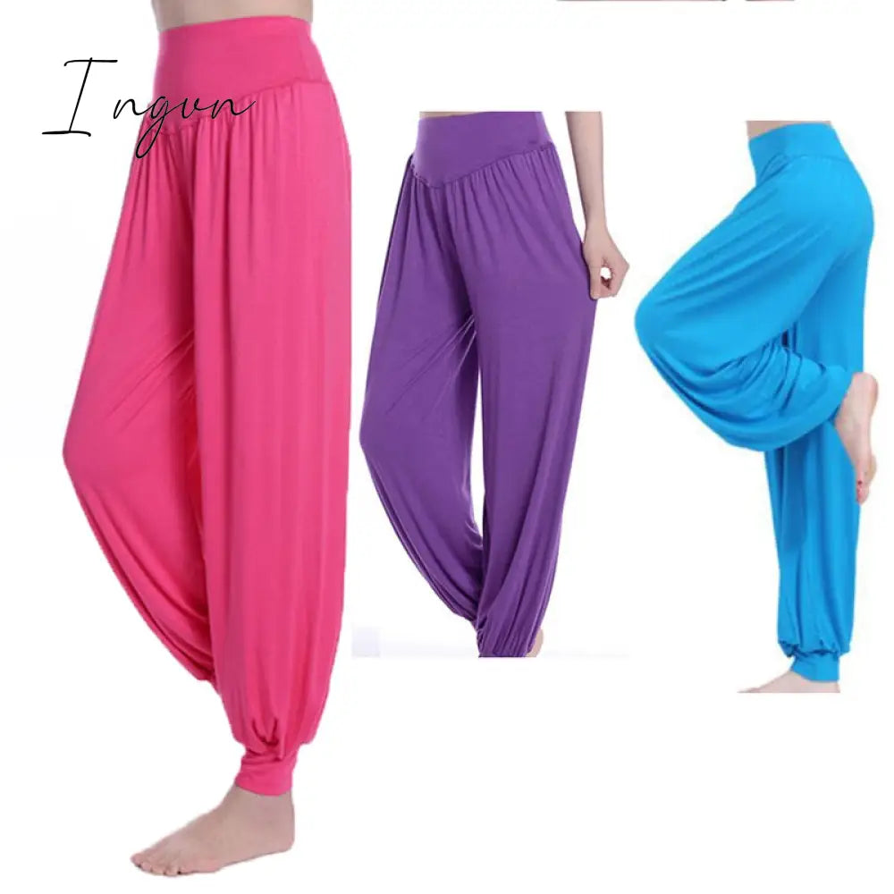 Ingvn - Women Harem Pants Casual Loose Cotton Solid Elastic Waist Wide Leg Pants Plus Size Loose Long Bloomers Trousers 15 Colors