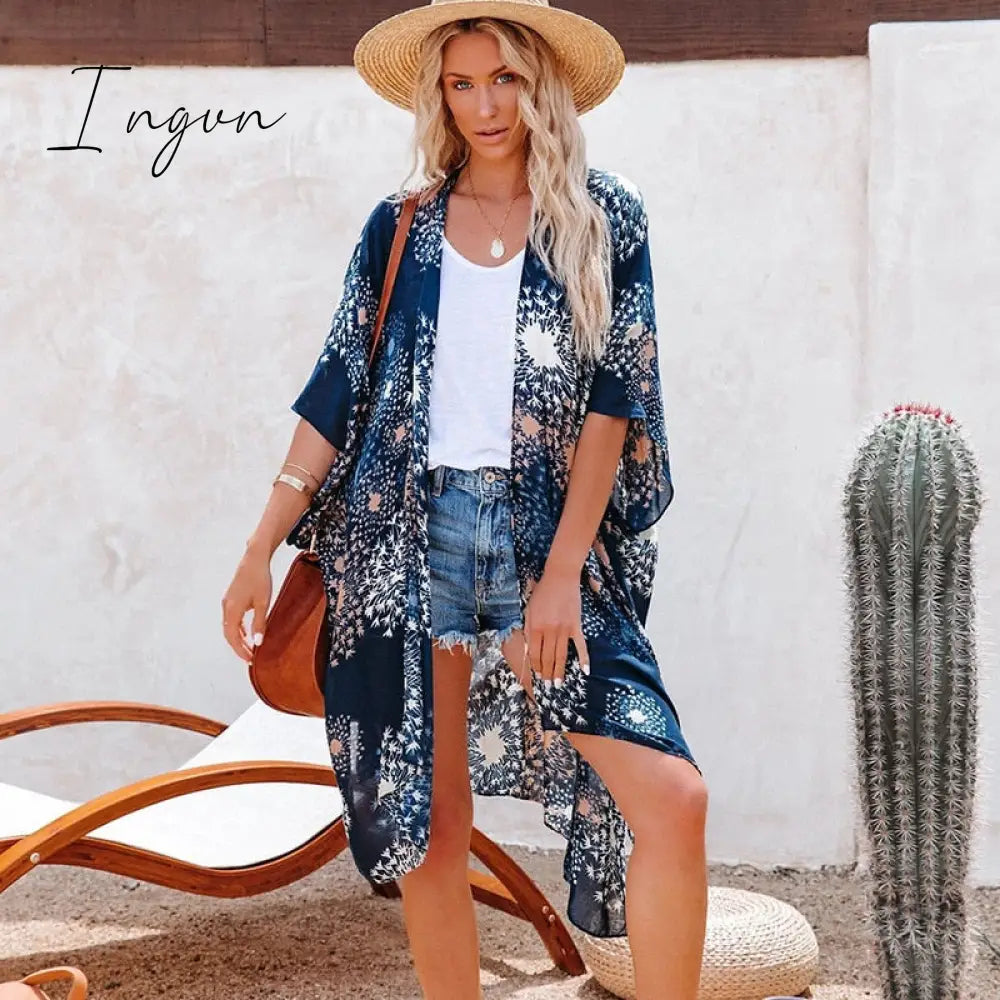 Ingvn - 2023 Swimsuit Cover Up Kaftan Tunic Dress Print Chiffon Pareo Kimono Summer Women Beachwear Beach Cover-up Cardigan Outfits