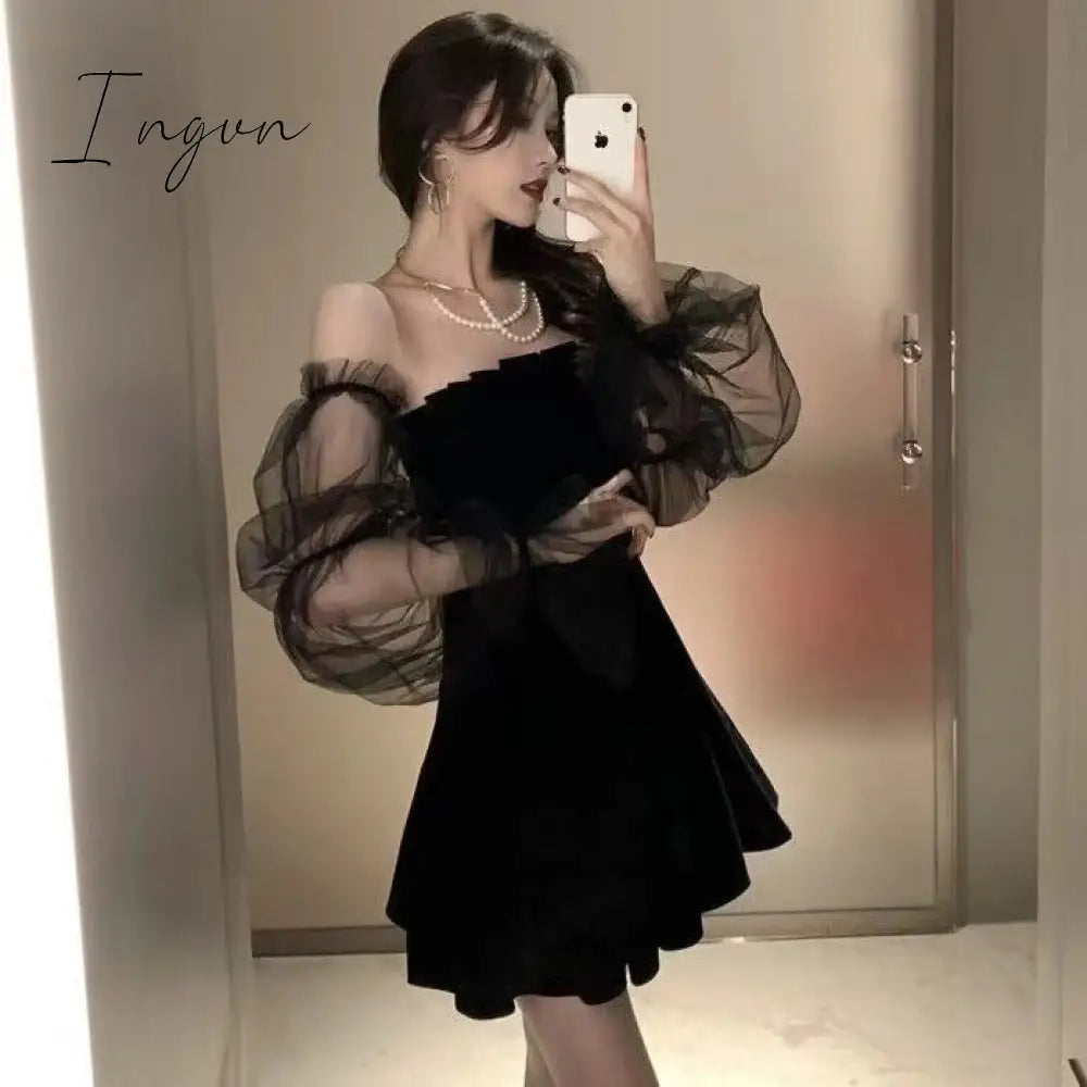 Ingvn - Gothic Sexy Dress Vintage Off Shoulder Lantern Sleeve Mesh Patchwork Velvet Mini Dress Dark Street Black Dress for Female