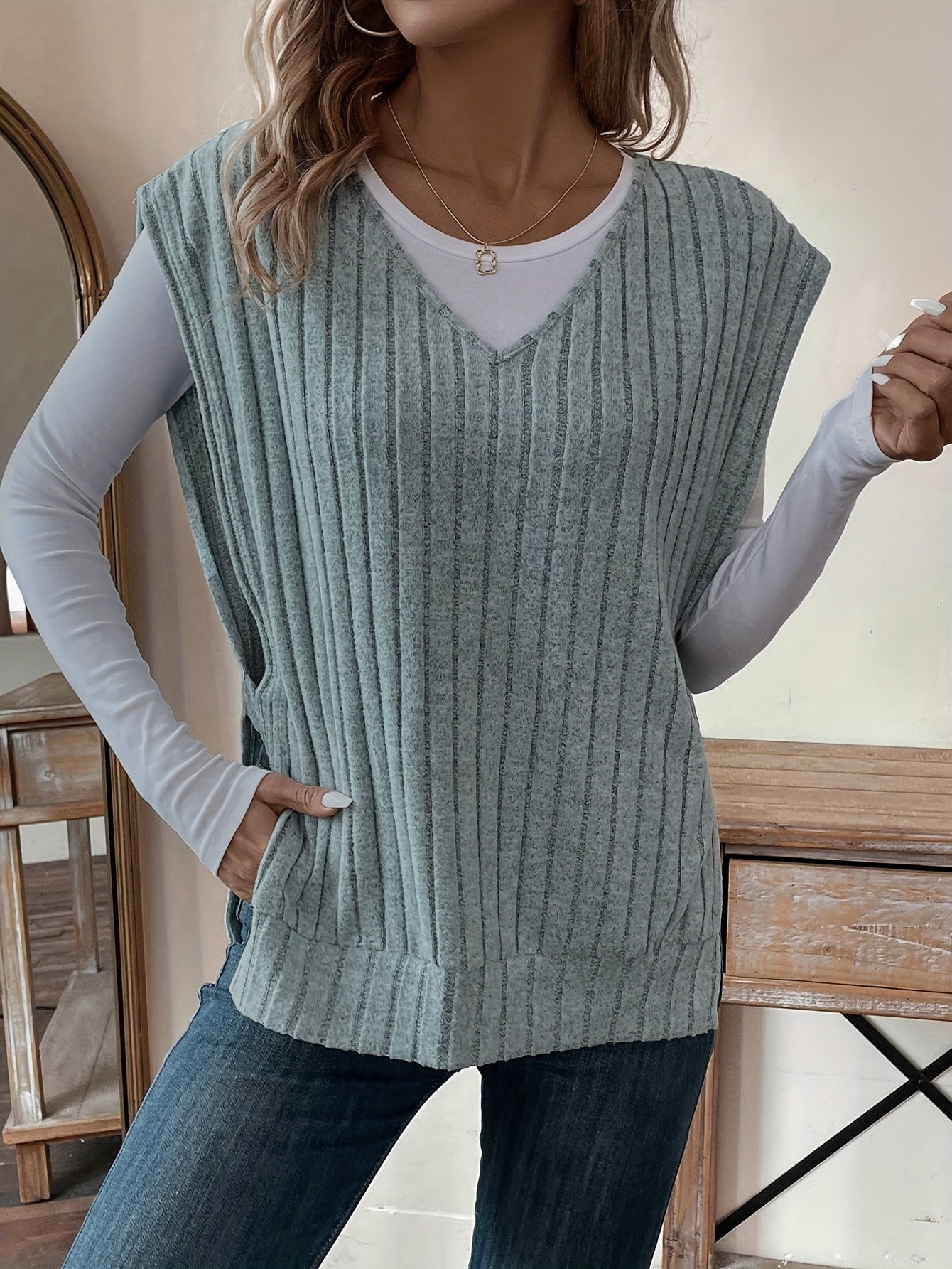 Solid V Neck Rib Knit Vest, Casual Split Side Sleeveless Loose Sweater Vest, Women's Clothing