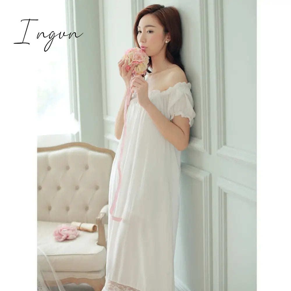 Ingvn - Fashion Trends Summer Women Nightgowns White Cotton Short Sleeve Nightdress Vintage Long Sleepwear Lace Sexy Nightwear Home Night Dress