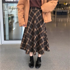 Ingvn - Japanese Rainbow High Waist A-Line Wool Plaid Skirt Female Students Preppy Style Wild Midi Skirt Women Autumn Long Skirt