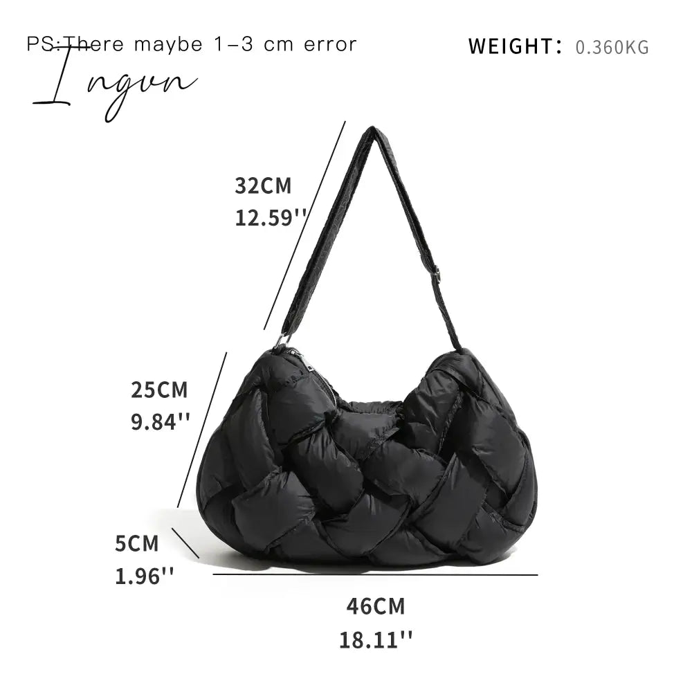 Ingvn - Black Woven Design Padded Shoulder Hobo Bag Cotton Down Crossbody Puffer Purse Big Women Winter Sling Handbag