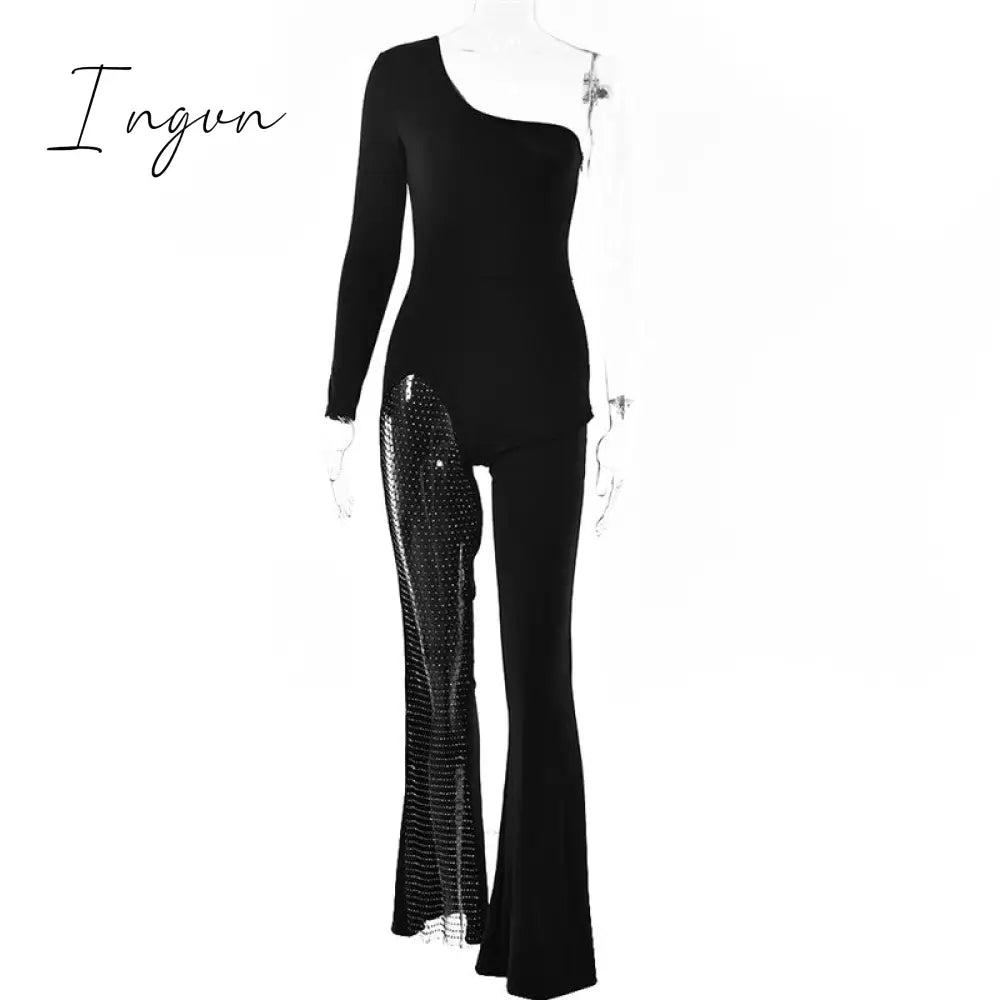 Ingvn - Patchwork Diamond Fishnet Bodycon Women Jumpsuit Black One Shoulder Long Sleeve Jumpsuit Lady Sexy Evening Party Clothes