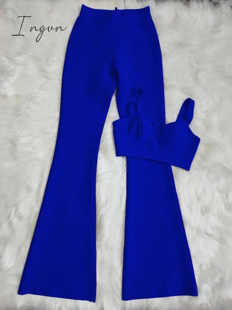 Ingvn - Set 2 Pieces Strap Sleeveless Bustiers And Long Bell-Bottoms Trousers Sexy Celebrity Party Sheath Vestidos  Dobanmbd
