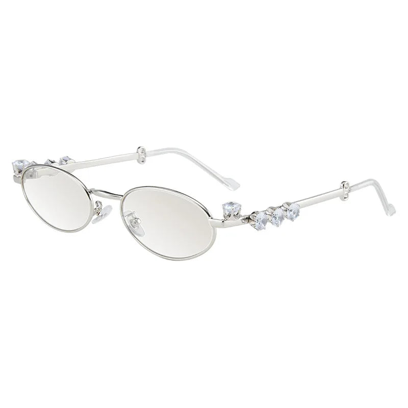 INGVN  Metal Oval Shades Women Men Rhinestone Diamonds Sunglasses 2024 Unisex Bling Eyeglasses Frames  Uv400 Fashion Eyewear Glasses