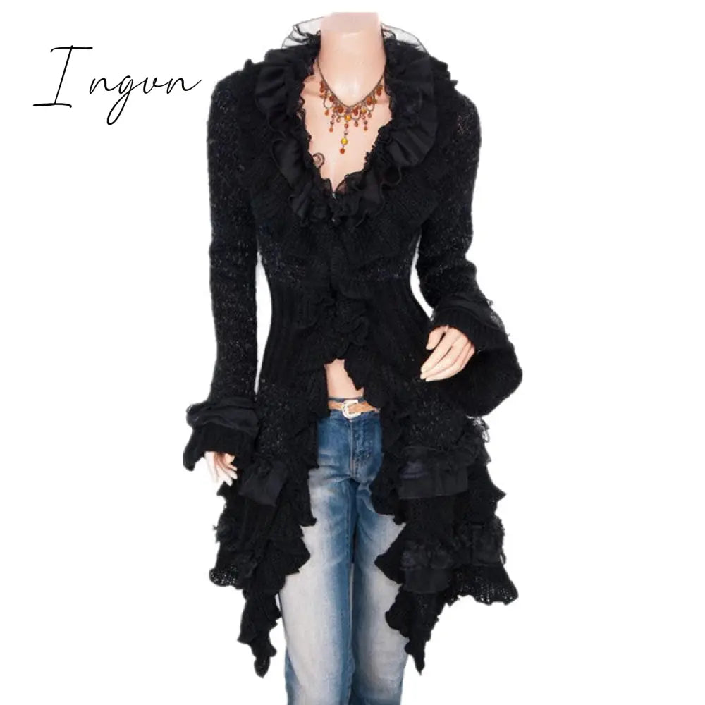 Ingvn - Cardigan Sweater Women's Knitted Single-breasted Lace Bell Sleeve Mid-length Coat