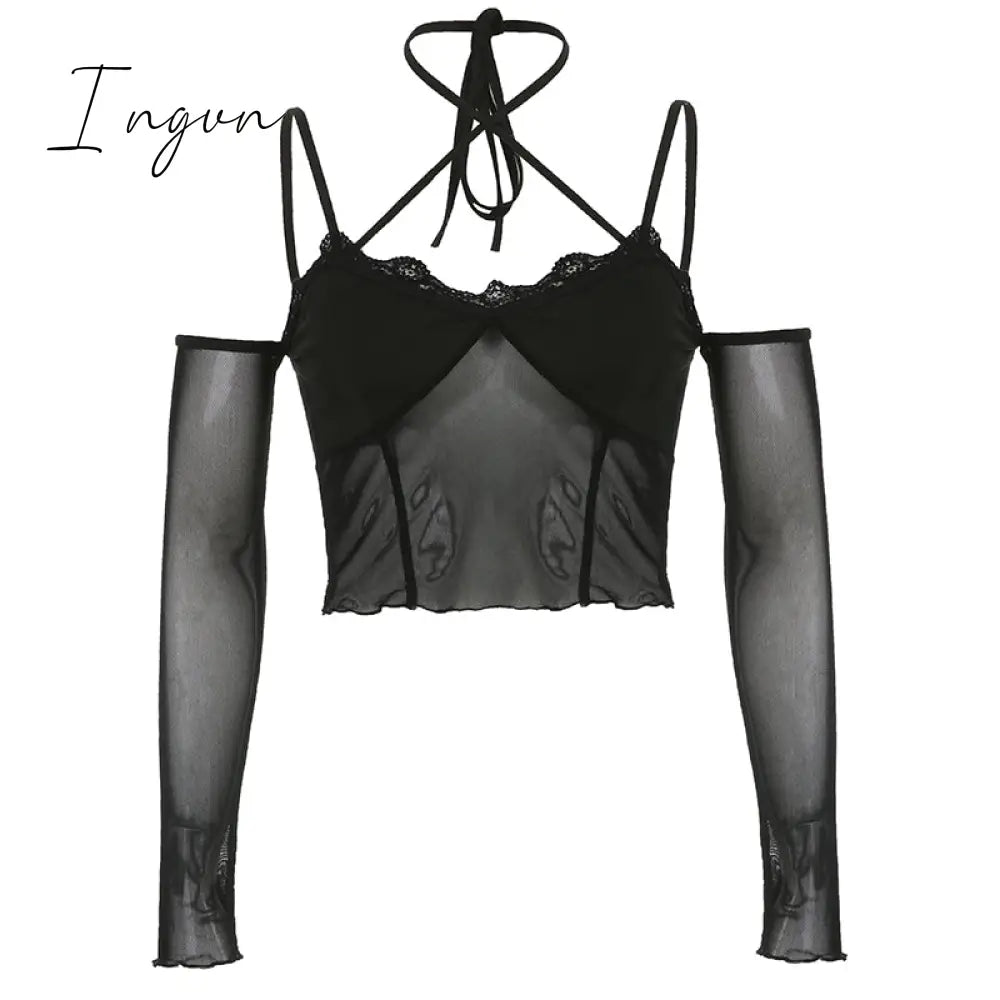 Ingvn - Hot Sell Slash Neck Sexy Black Mesh T-Shirts Women Lace Patchwork Rave Goth Clubwear Backless Halter Tie Up Spaghetti Strap Tops