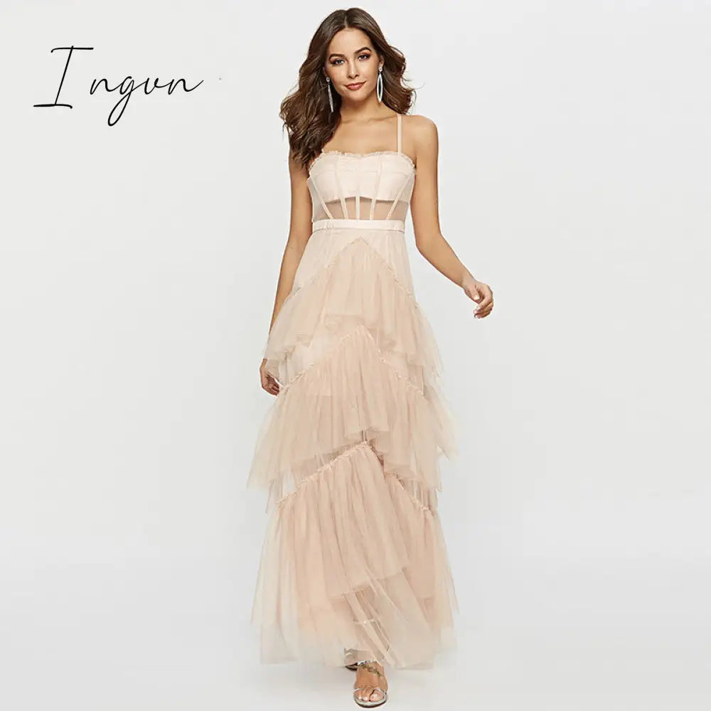 Ingvn - Womens Fashion Summer Sling Long Lace Dress Women Hollow Stitching Sexy Bubble Dress Backless Sleeveless Plus Size White Party Elegant Clothes