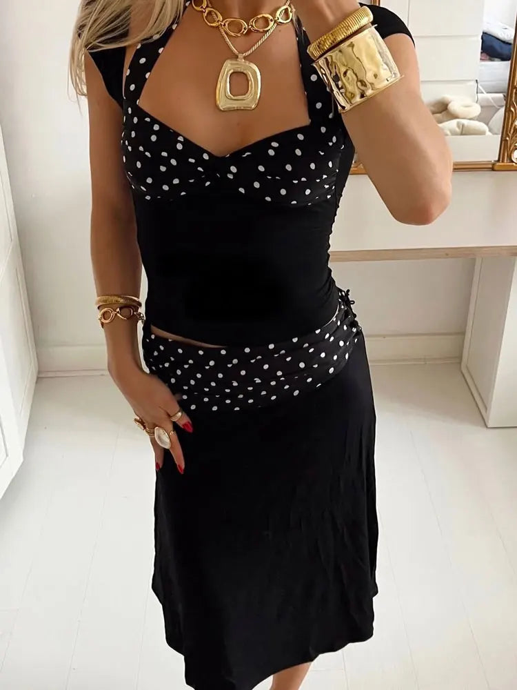 Patchwork Fashion 2 Piece-Set MIni Skirt For Women Lace-Up Contrast Backless Cropped Top And High Waist Skirt Sets Female