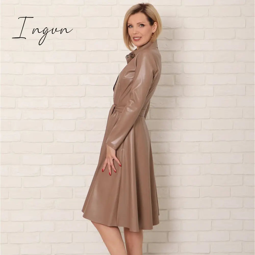Ingvn - Winter Casual Sashes Pu Leather A-Line Dresses Women Turn-down Collar Long Sleeve Solid Color Knee Dress Office Lady Wear