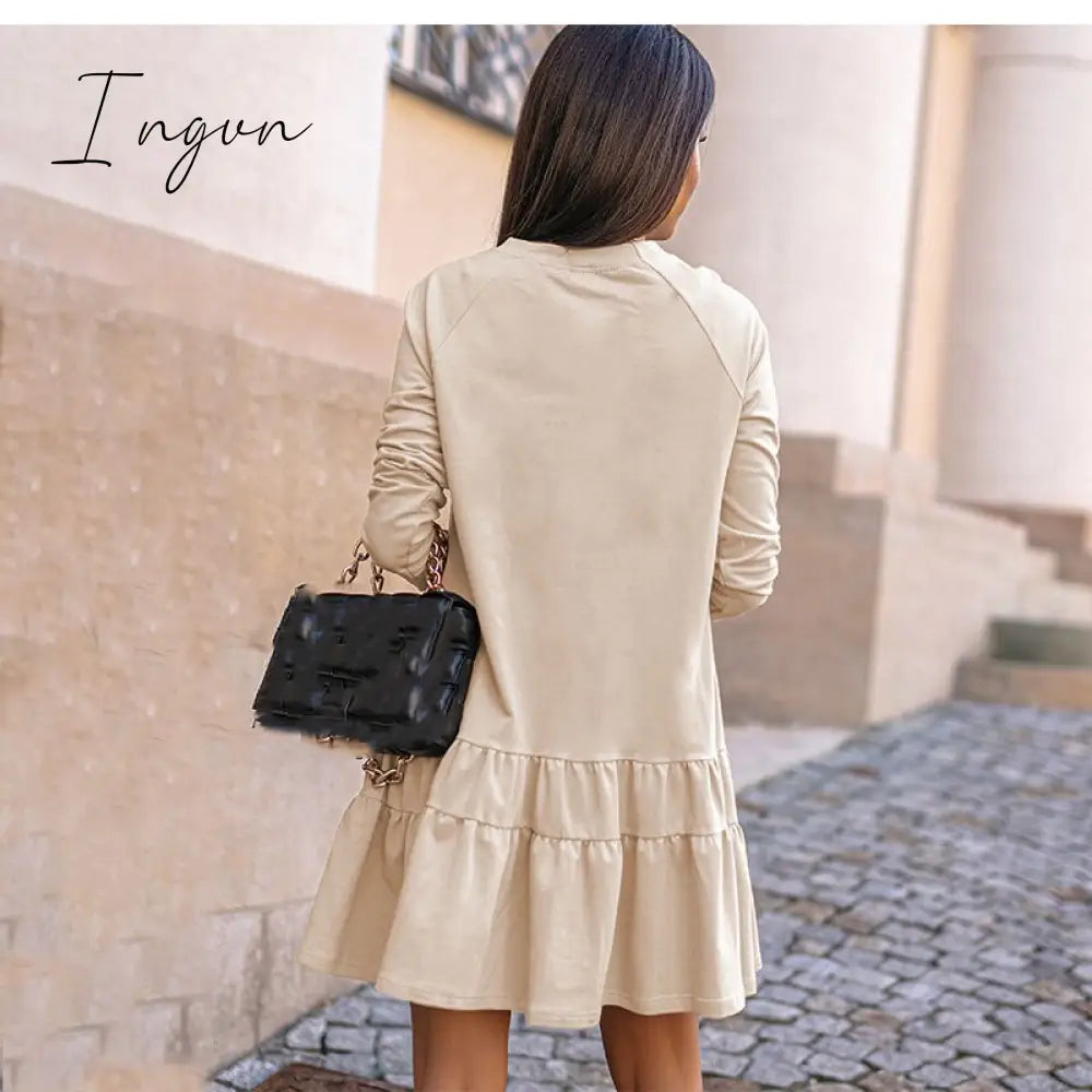 Ingvn - New Spring Autumn Dress Women Elegant O-Neck Long Sleeves Multi-layer Ruffles Hem Solid Party Dresses Casual Slim Vestidos