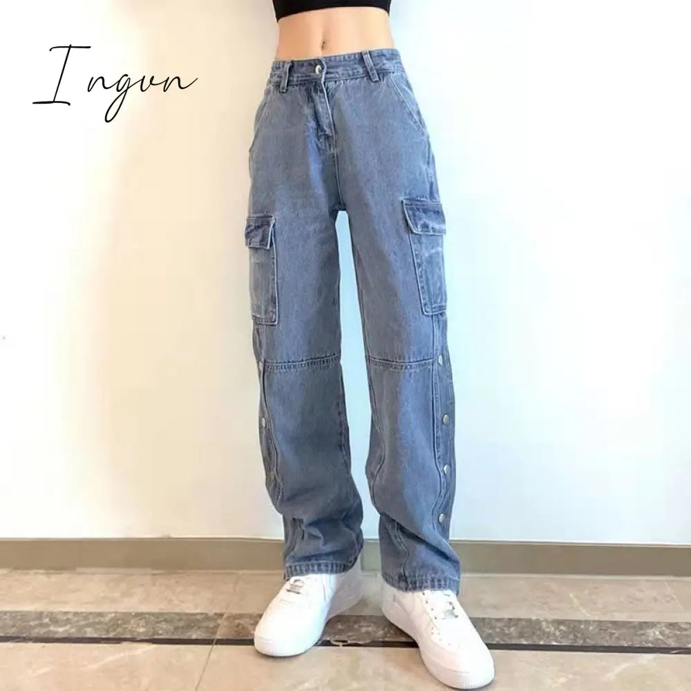 Ingvn - Vintage Streetwear Cargo Pants Women Harajuku Street Loose Straight Women Jeans Casual Slim Versatile High Waisted Jeans Pants