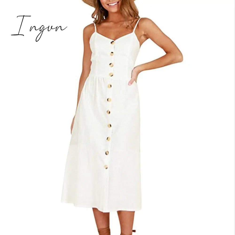 Ingvn - Vintage Casual Sundress Female Beach Dress Midi Button Backless Polka Dot Striped Women Dress Summer Boho Sexy Floral Dress