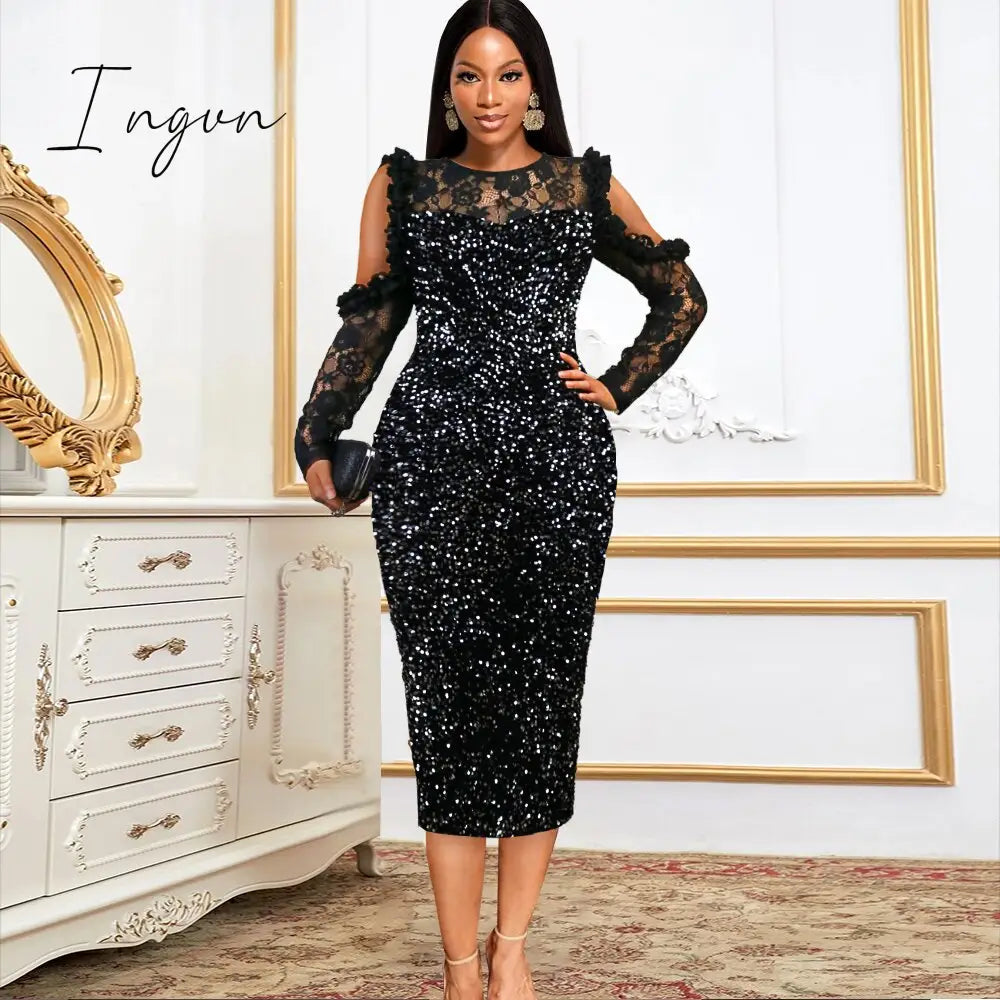 Ingvn - Vintage Black Sequin Dress Women Bare Shoulder Lace Long Sleeve Glitter Prom Dress Luxury Bling Bling Evening Party Gowns Winter