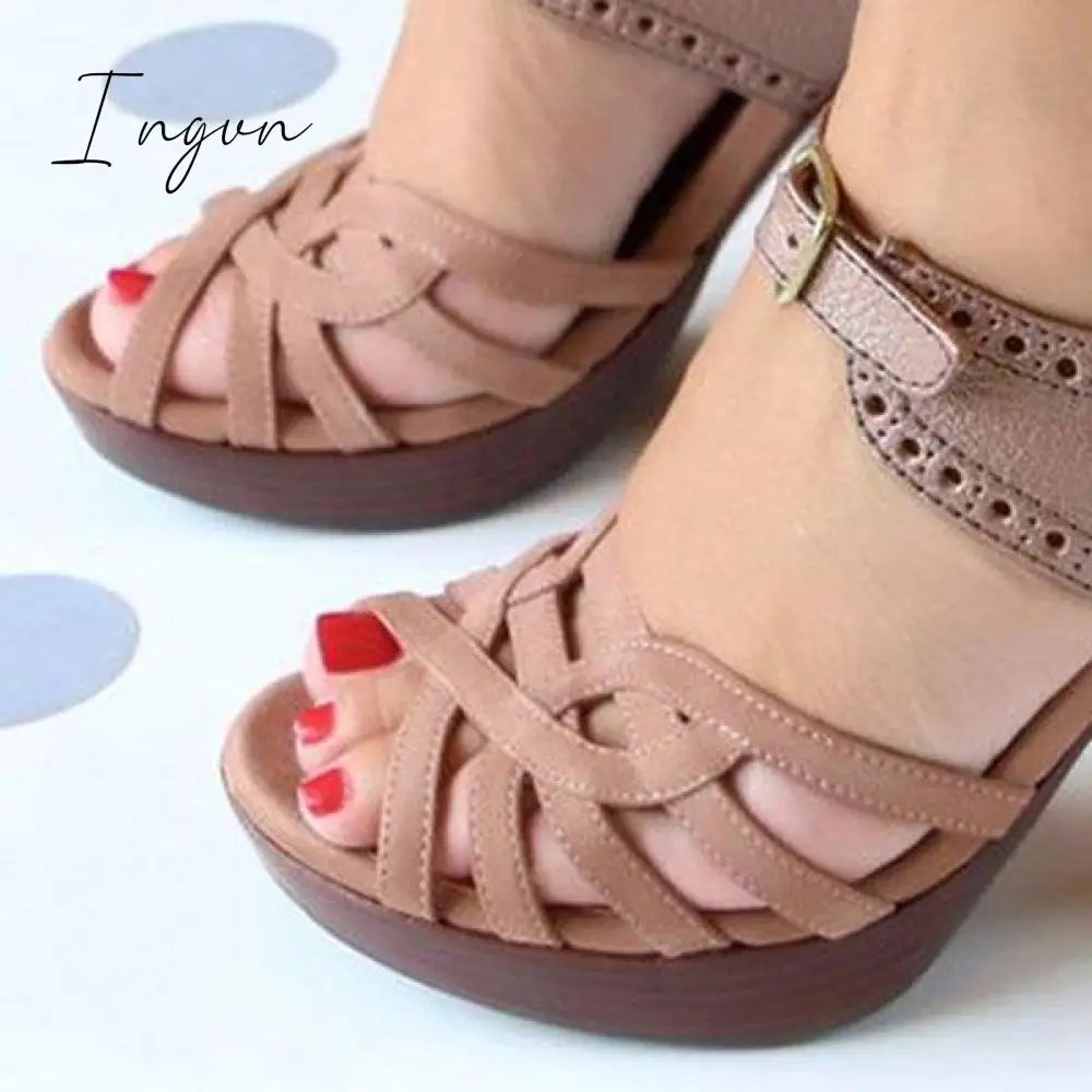 Ingvn - Peep Toe Chunky Heel PU Casual Buckle Sandals