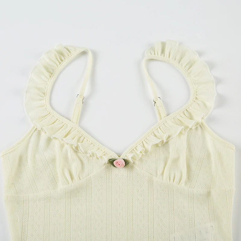Cute Coquette Ruffles V-neck Crop Top Women Casual Hollow Out Holes Sexy Tees Y2k Aesthetic Vest Summer Holiday Clothing