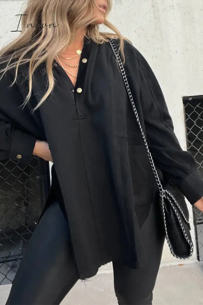 Ingvn - Casual Solid Pocket Slit Hooded Collar Tops
