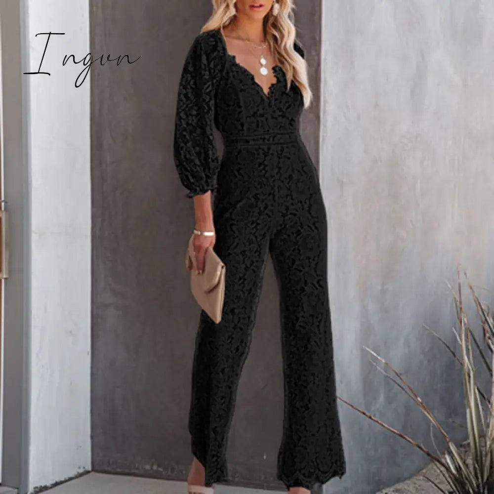 Ingvn - Elegant Office Ladies Pants Romper Overalls Autumn Long Sleeve Solid Crochet Lace Slim Jumpsuits Women Fashion Straight Playsuit