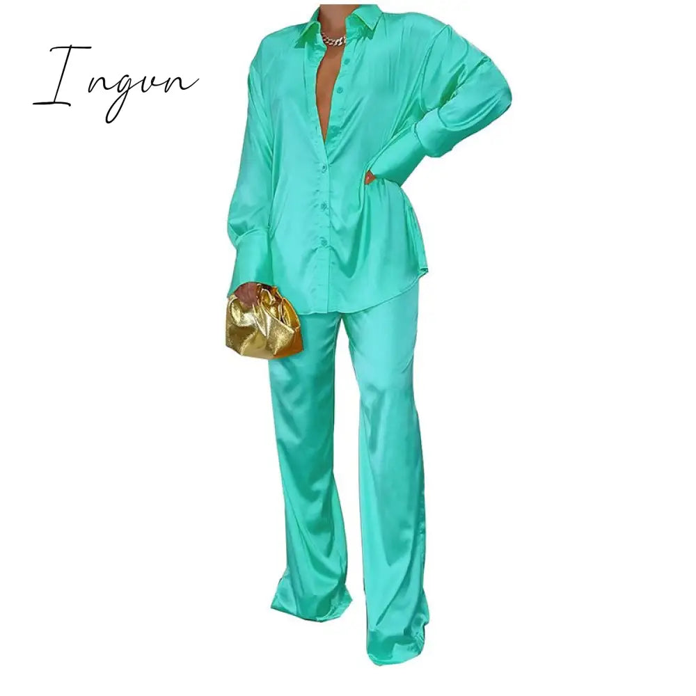 Ingvn - Women Elegant Satin Two Piece Sets Casual Feamle Solid Loose Outfits Long Sleeve Shirt And Wide Leg Straight Pants Suits