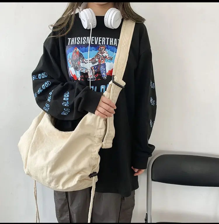 INGVN  Crossbody Bags for Women High-capacity Korean Simple Preppy Chic Solid Shoulder Handbags  New Casual Fashion Y2k Canvas Bag