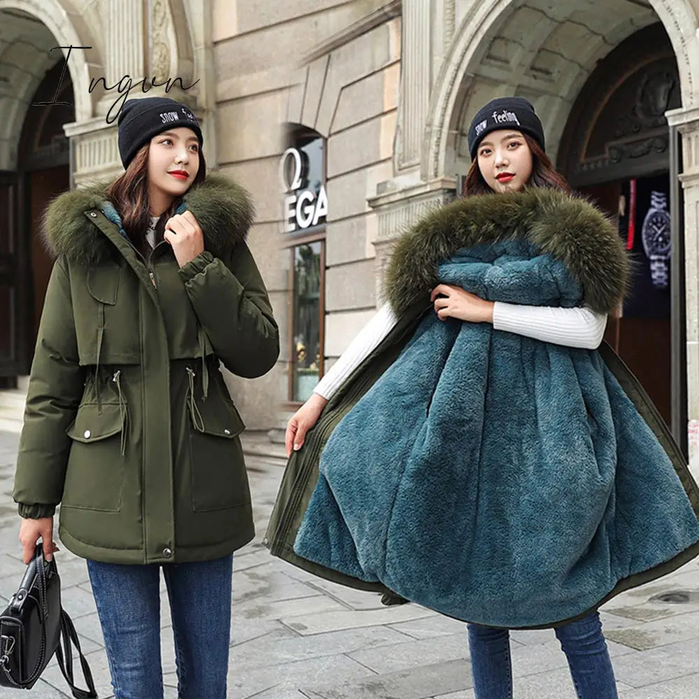 Ingvn - New Cotton Thicken Warm Winter Jacket Coat Women Casual Parka Winter Clothes Fur Lining Hooded Parka Mujer Coats Jacket